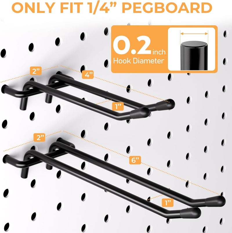 INCLY 4/6 Inch Black Pegboard Hooks, 36 Pack Heavy Duty Double Arm Peg Board Straight Hooks, Peg Board Tool Hangers Fit for 1/4" Pegboard Garage Hanging Tools, Craft Organizing, Kitchen, Store - Image 4